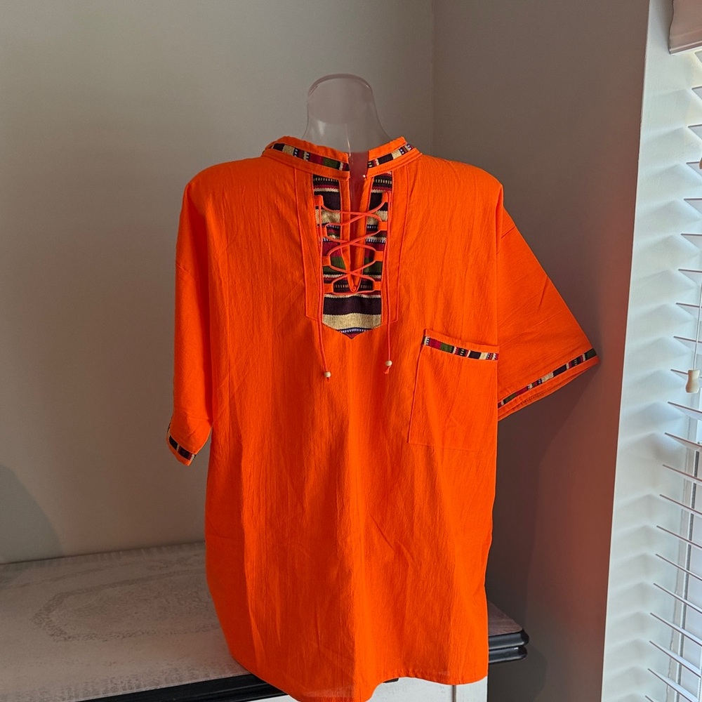 NWOT Vibrant Orange Men's tunic with embroidered trim. Size XXL